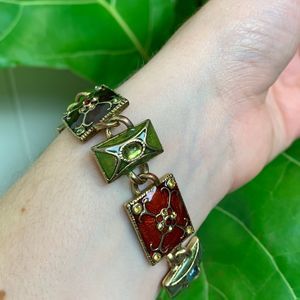 Red Green Gold Enamel Rhinestone Bracelet